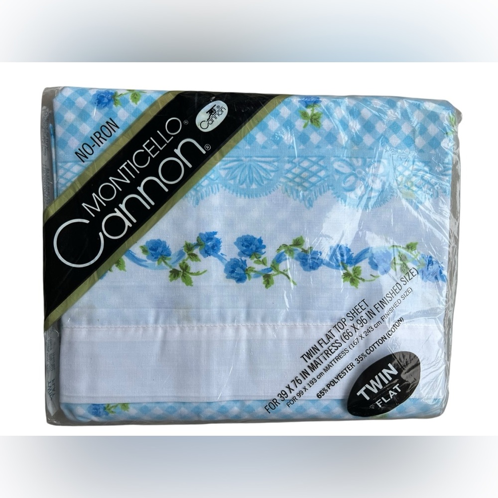 NEW Vintage Cannon Monticello Twin Flat Sheet Blue Gingham ‘79 Retro 66x96” 70s